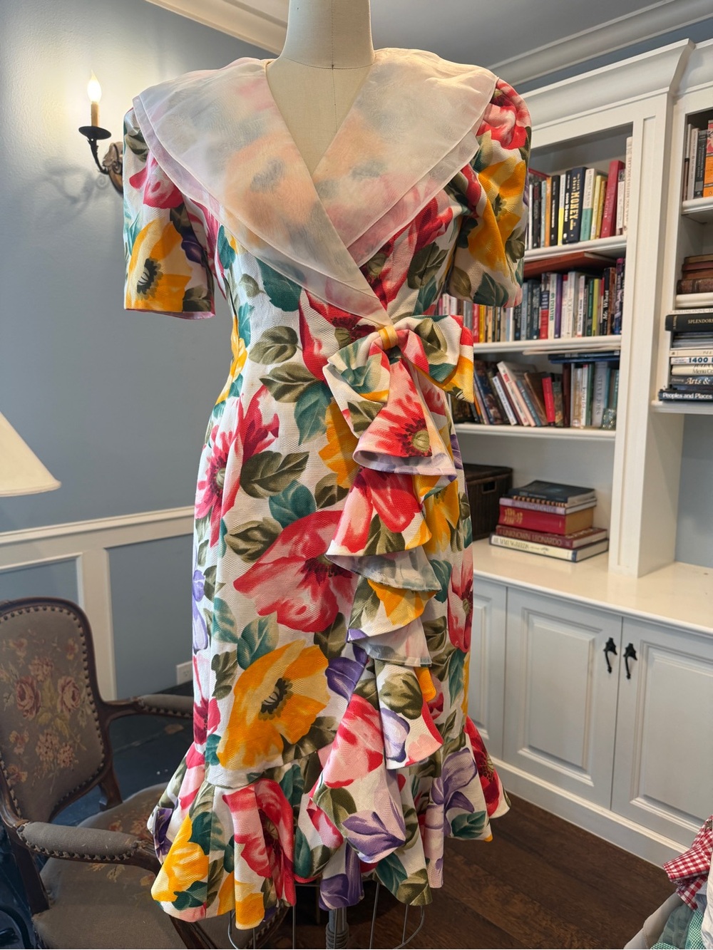 Vintage Floral Ruffle Midi Dress in Red, Yellow, Purple, Green, Cream